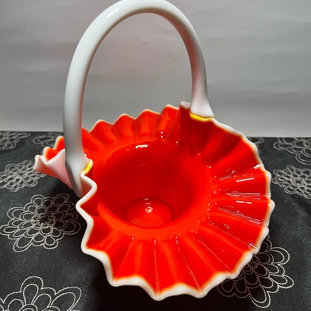 Vintage Fenton Hobnail Basket Ruby Red Overlay with White Handle & Ruffled Edge